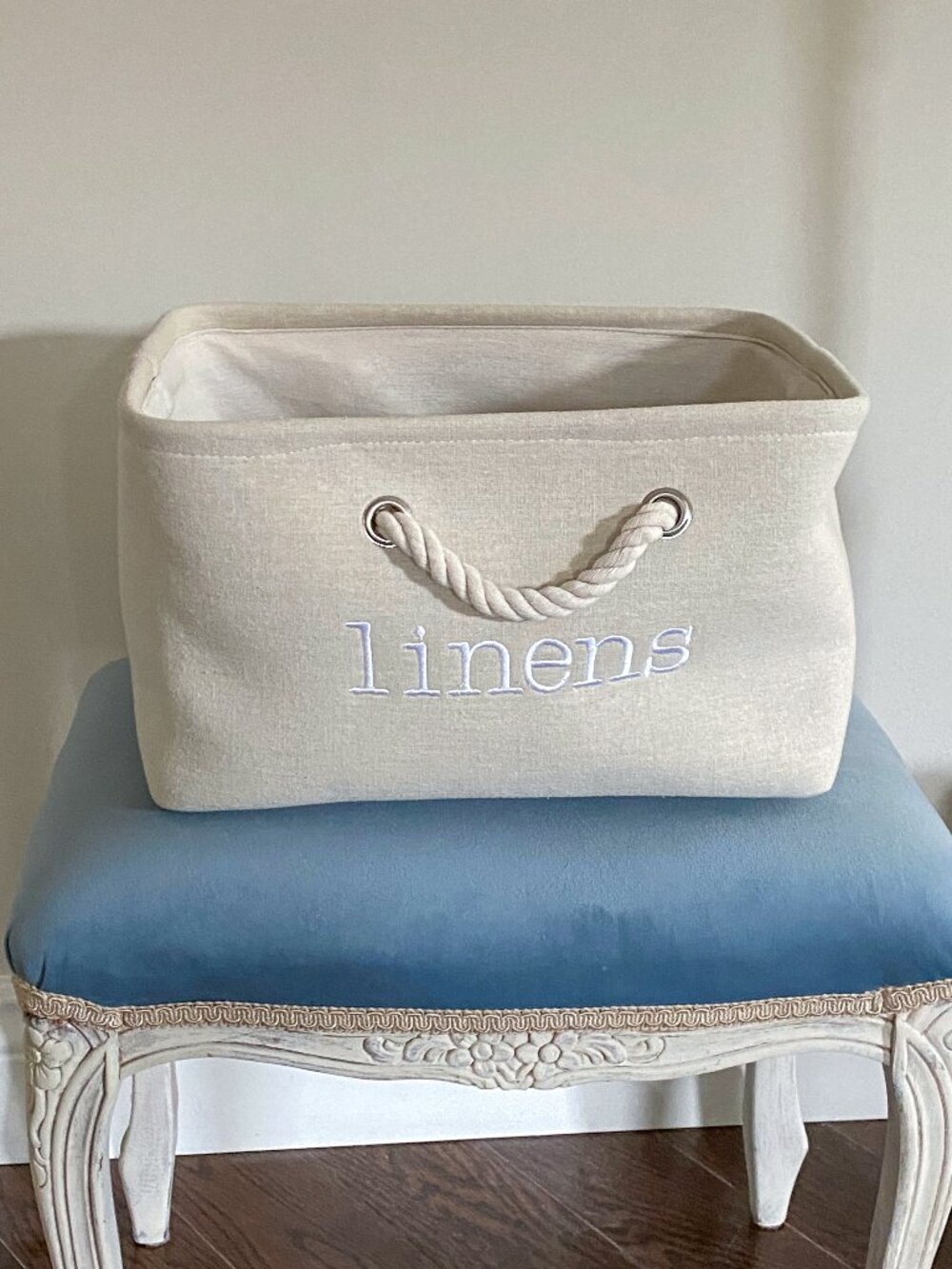 Neutral Linen Storage Basket Fabric Bin Rope Handles Home Organizer